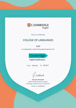 Certyfikat Cambridge English Preparation Centre 2026–27 wystawiony dla College of Languages